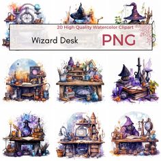 the wizard desk has many different items on it