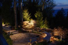 an outdoor walkway lit up at night with trees and rocks in the foreground, surrounded by greenery