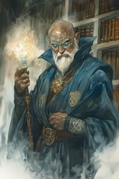 Quorindel Vyrthas stands at an average height, with a lean frame cloaked in deep indigo robes adorned with golden sigils of arcane nature. His skin is a light tan, and his shaved head showcases a constellation of small tattoos in a bright blue hue, forming intricate patterns. His eyes are a piercing emerald green, framed by round spectacles that sit precariously on the bridge of his nose. His whit...