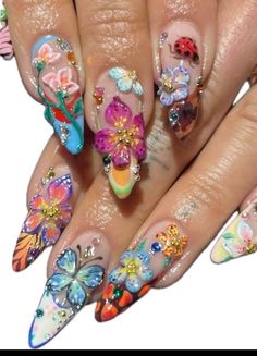 Bouquet Nails, Nail Ideas Medium Length, Nail Ideas Medium, Maximalist Nails, Jewel Nails, French Tip Gel Nails, Nails Flowers, Solid Color Nails, Nail Jewels