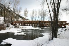 a bridge over a river with snow on the ground and trees in the foreground