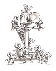 a drawing of people climbing up the side of a clock tower with their hands in the air