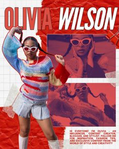 a woman wearing sunglasses and holding a red object in front of her face with the words oliva wilson on it