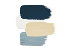 three different shades of blue, white and beige paint on a white background with the words