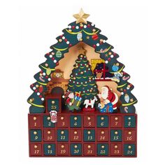 a wooden christmas tree with santa claus and other holiday decorations on it's sides