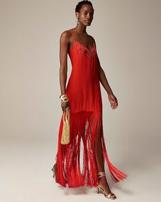 J.Crew: Collection Fringe-trim Slip Dress For Women Fringe Dress Outfit, J Crew Summer, J Crew Collection, Fringe Shawl, Glam Chic, Jcrew Collection, Fringe Dress, Summer Swim Suits, Fringe Trim