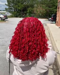 Red Bob Braids, Braided Hairstyles Red And Black, Burgundy Goddess Locs, Bright Red Braids Black Women, Red Boho Bob Knotless Braids, Boho Twists Bob, Red Short Braids, Small Red Boho Knotless Braids, Braided Bob With Curls