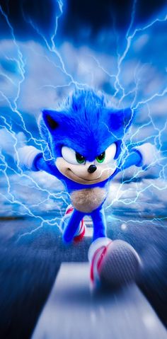 sonic the hedgehog is running in front of lightning