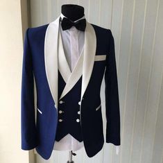 Custom Made Groomsmen Shawl White Lapel Groom Tuxedos Blue Men Suits Wedding Best Man Blazer (Jacket+Pants+Vest+Bow Tie ) C69 Groom Tuxedo Blue, Men Suits Wedding, Prom Blazers, The Suits, Formal Men, Morning Suits, Man Blazer, Groom Tuxedo