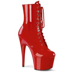 Pleaser Shoes Adore-1020 Red Patent Patent 7" (17.8cm) Stiletto Heel, 2 3/4" (7cm) Platform Lace-Up Platform Ankle Boot, Full Inner Side Zip Closure, Ado1020/R/M Brand New In Box #Nwt #Heels #Dollskill #Summer #Dancewear 7 Inch Heels, High Heel Stiefel, Red Platform, Striped Shoes, Pleaser Shoes, Light Up Shoes, Ankle Heels, Thigh High Stockings, Red High