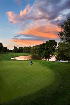 a golf green with a hole in the middle and trees on either side, at sunset