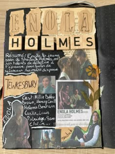 a collage of pictures and words on a piece of paper that reads, enola holmes