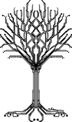 an electronic circuit tree with many wires attached to the top and bottom branches, all connected together