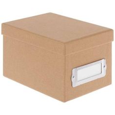 a brown box with a white label on the lid and a silver handle is shown