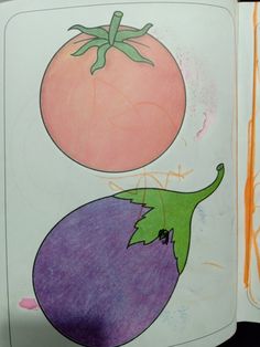 an open children's book with drawings of tomatoes and eggplant on it