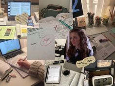 a collage of photos with people working on laptops, papers and other items