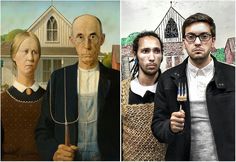 two paintings of people with different facial expressions, one is holding a fork and the other has a knife in his hand