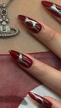 Dark Red Nail Designs Coffin, Dark Red Nail Ideas With Design, Red And Metallic Nails, Rock Star Gf Nails, Edgy Elegant Nails, Dark Red And Silver Nails, Deep Red And Black Nails, Dark Femme Nails, Crimson Nail Designs