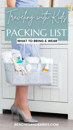 a woman holding a shopping bag with the words traveling with kids packing list what to bring and wear