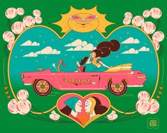 an illustration of two women riding in a pink convertible car with the sun above them