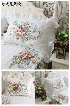 four pictures of the same bed with flowers on it and an antique clock next to it