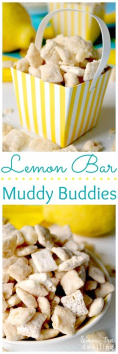 lemon bar muddy buddies in a yellow and white striped bowl with lemons behind it