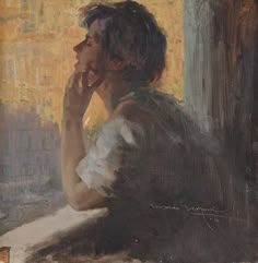 a painting of a woman sitting in front of a window with her hand to her face