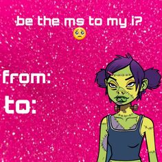 a girl with purple hair and green eyes is standing in front of a pink background that says, be the mes to my? from to