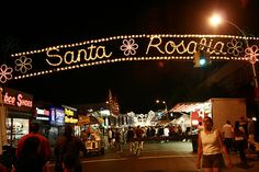 people are walking down the street under an arch decorated with lights and flowers at night