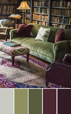 a living room filled with lots of furniture and bookshelves full of books on shelves