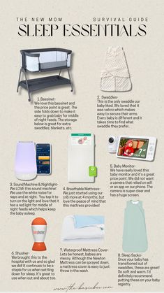 the new mom survival guide to sleep essentials info sheet with instructions on how to use it