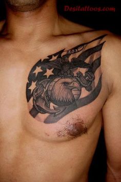 a man with an eagle and anchor tattoo on his chest