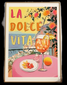 a card with an image of a glass of wine and oranges on a table