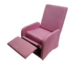 a pink reclining chair with footstool and ottoman in front of a white background