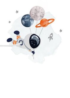 an astronaut floating in the air with balloons and stars around him, on a white background