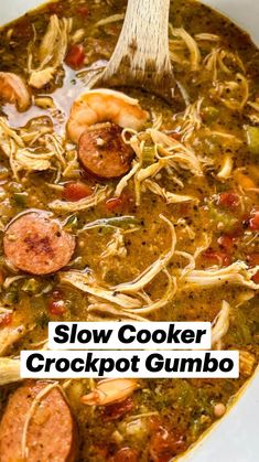 slow cooker crockpot gumbo recipe with sausage and shrimp in a white bowl