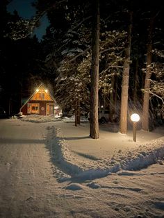 a cabin in the woods at night with snow on the ground and trees around it