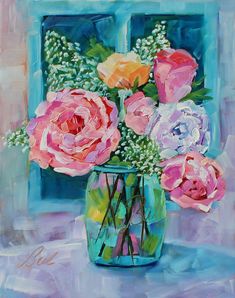 a painting of pink and white flowers in a vase on a blue tablecloth with an open window behind it