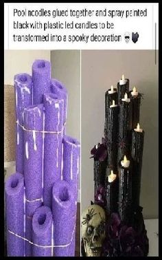 purple candles are stacked on top of each other and decorated with skulls, flowers, and ribbons