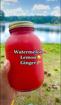 a hand holding a red jar with watermelon lemon ginger on it and the caption reads, watermelon lemon ginger