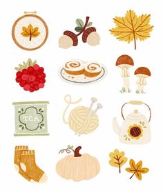 an image of autumn stickers on a white background with leaves, mushrooms and pumpkins