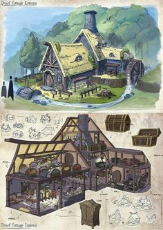 the concept art for disney's beauty and the beast is shown in two different views