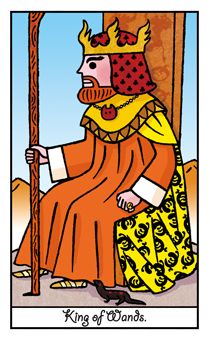 a tarot card with the king of crowns holding a staff and wearing a crown