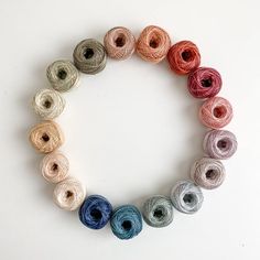 several skeins of multicolored yarn arranged in a circle on a white surface