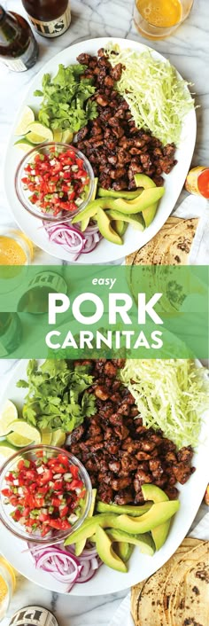 pork carnitas with avocado, lettuce and tomatoes on a white plate