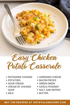 the recipe for easy chicken potato casserole is shown on a plate with a fork