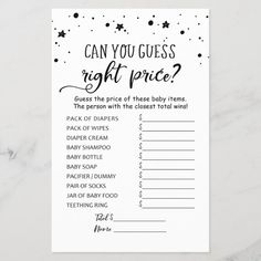 a printable baby shower game with the words can you guess right price? on it