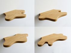 four different angles of a wooden object on a white wall with three pictures of the same piece