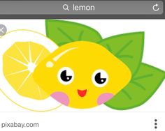 a cartoon lemon with green leaves on it