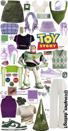 Collage of clothing inspiration to create a DIY Buzz Lightyear (Toy Story) Halloween costume. Lots of green, purple and white. Astronaut costume. Buzz Inspired Outfit, Buzz Light Year Inspired Outfit, Disneybound Buzz Lightyear, Cartoon Fashion Inspired Outfits, Buzz Lightyear Inspired Outfit, Toy Story Outfit Ideas Women, Buzz Light Year Disneybound, Toy Story Bounding, Disney Bounding Toy Story